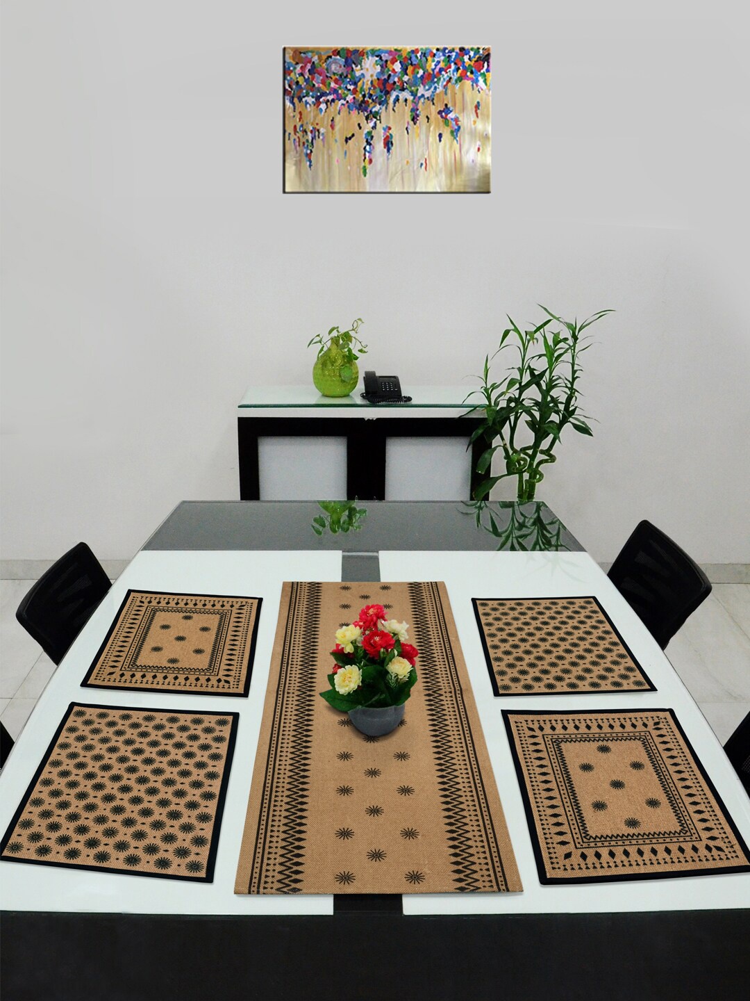 

Saral Home Set Of 5 Khaki-Coloured & Black Woven-Design Pattern Table Placemats