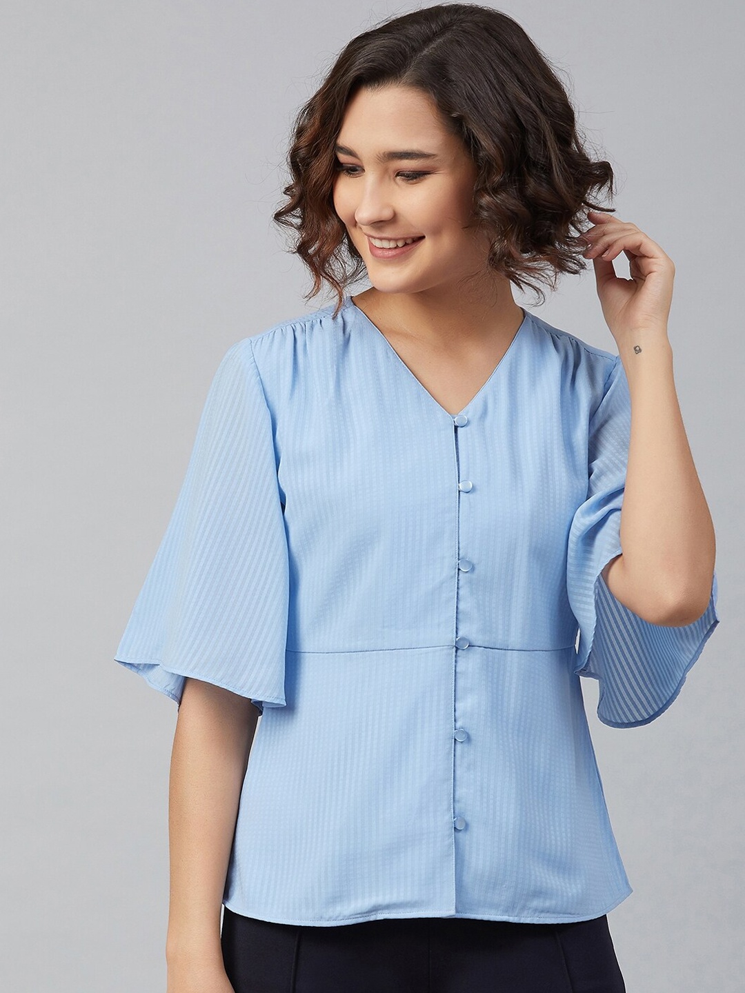 Marie Claire Blue Flared Sleeves Georgette Shirt Style Top