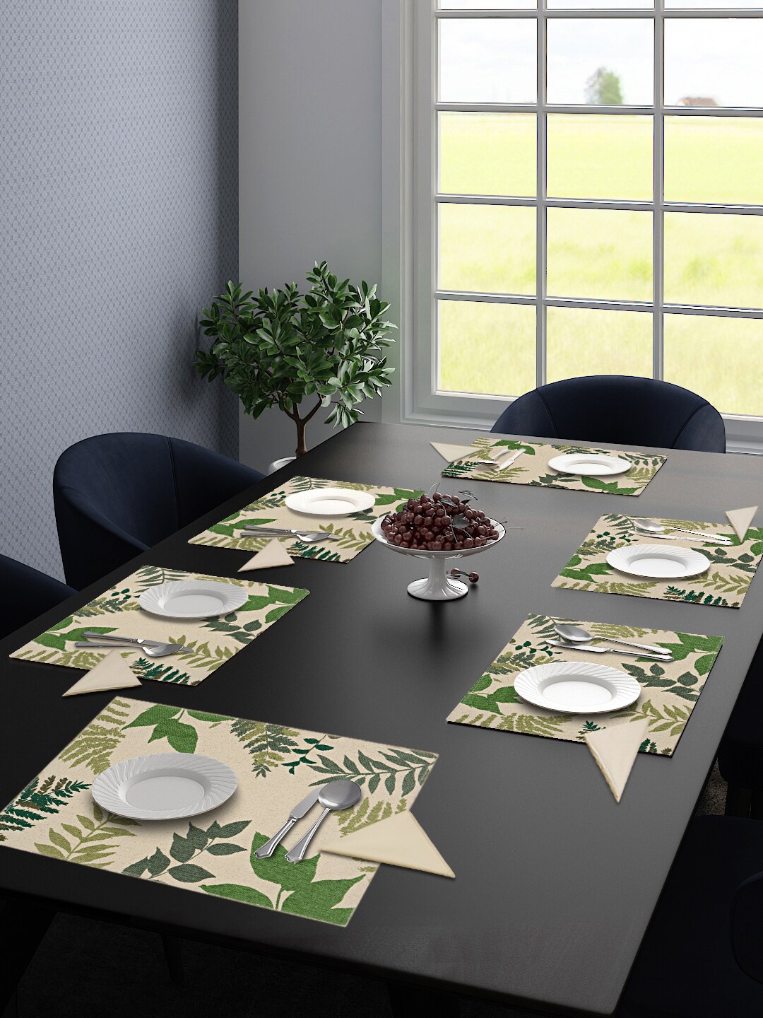 

Saral Home Set Of 6 Beige & Green Floral Woven Design Sustainable Table Placemats