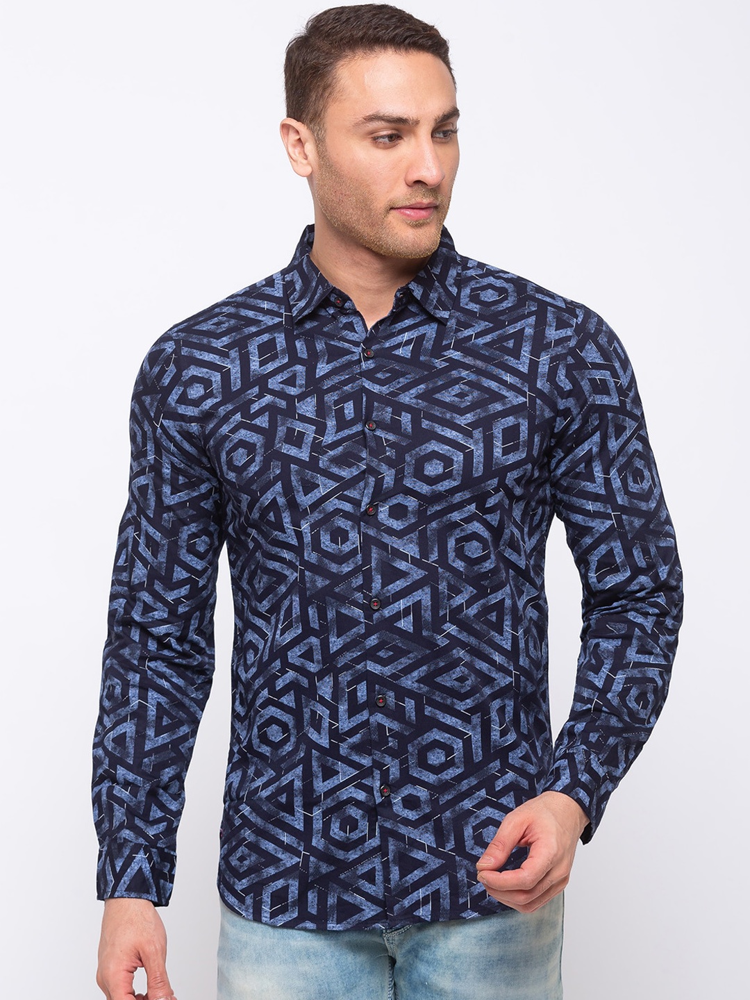 

Status Quo Men Navy Blue Slim Fit Printed Casual Shirt