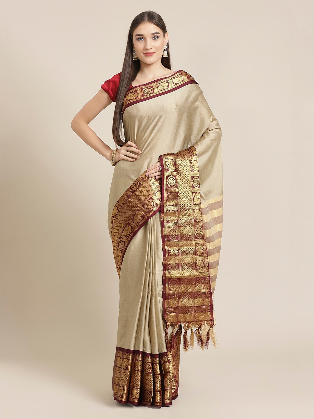 

Mitera Camel Brown & Maroon Pure Silk Solid Banarasi Saree