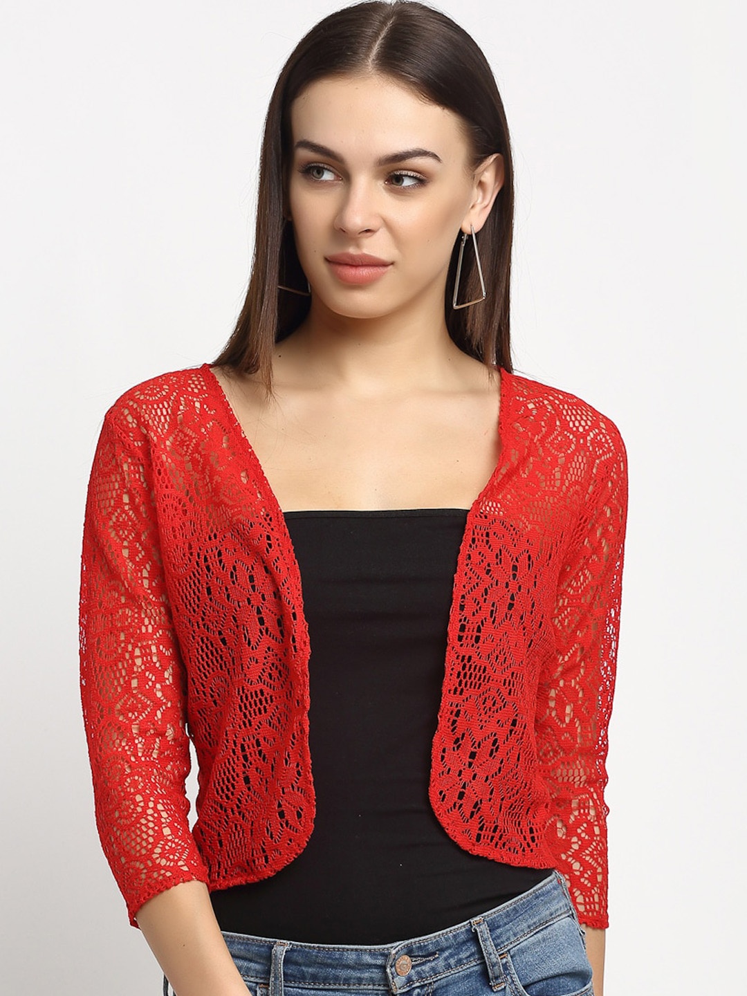 Rute Women Red Self Design Open Front Shrug