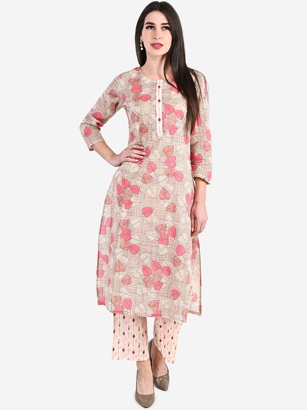

Be Indi Women Floral Printed Straight Kurta with Palazzo, Beige