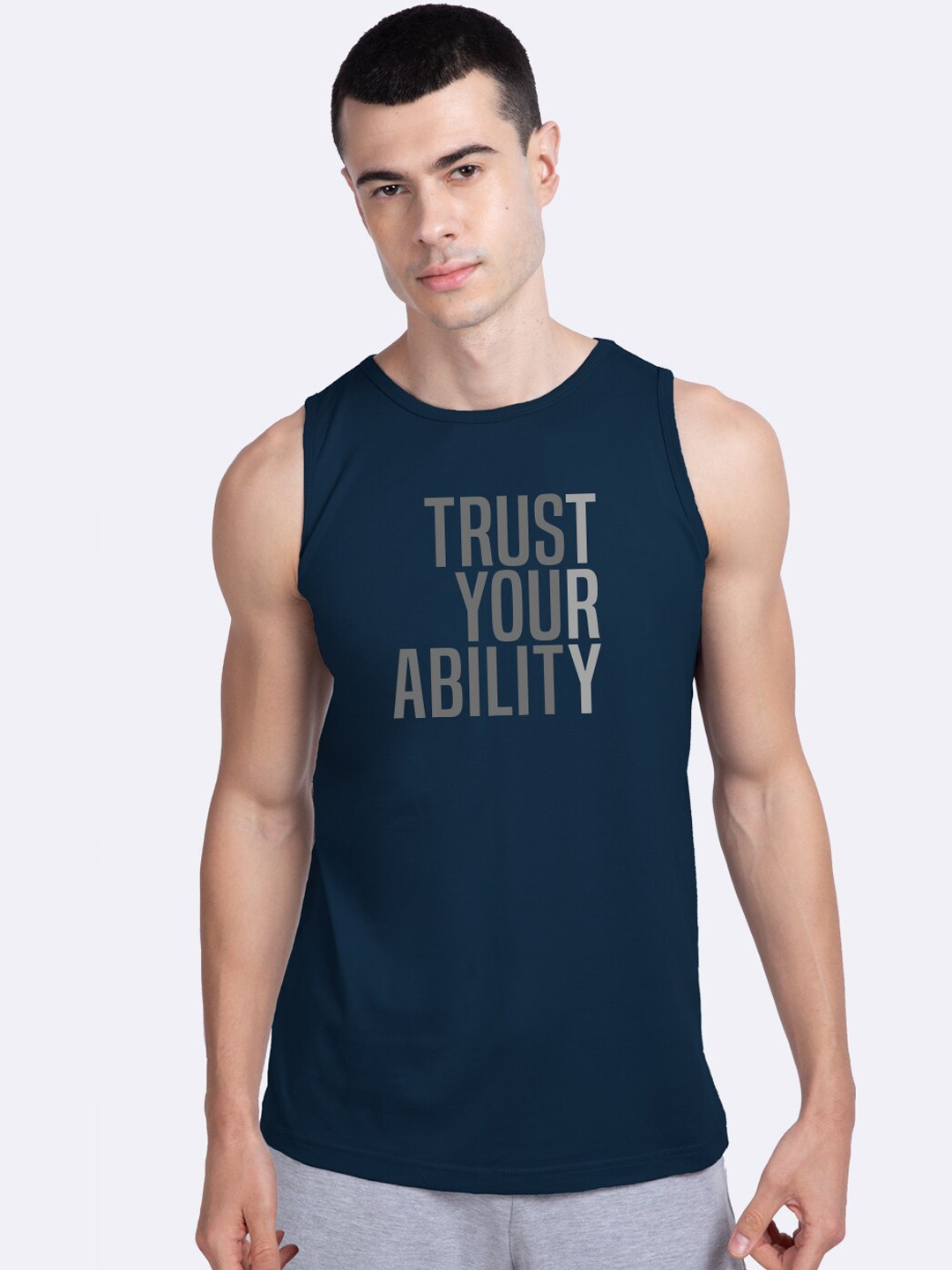 

Bewakoof Men Navy Blue & Grey Printed Innerwear Vest