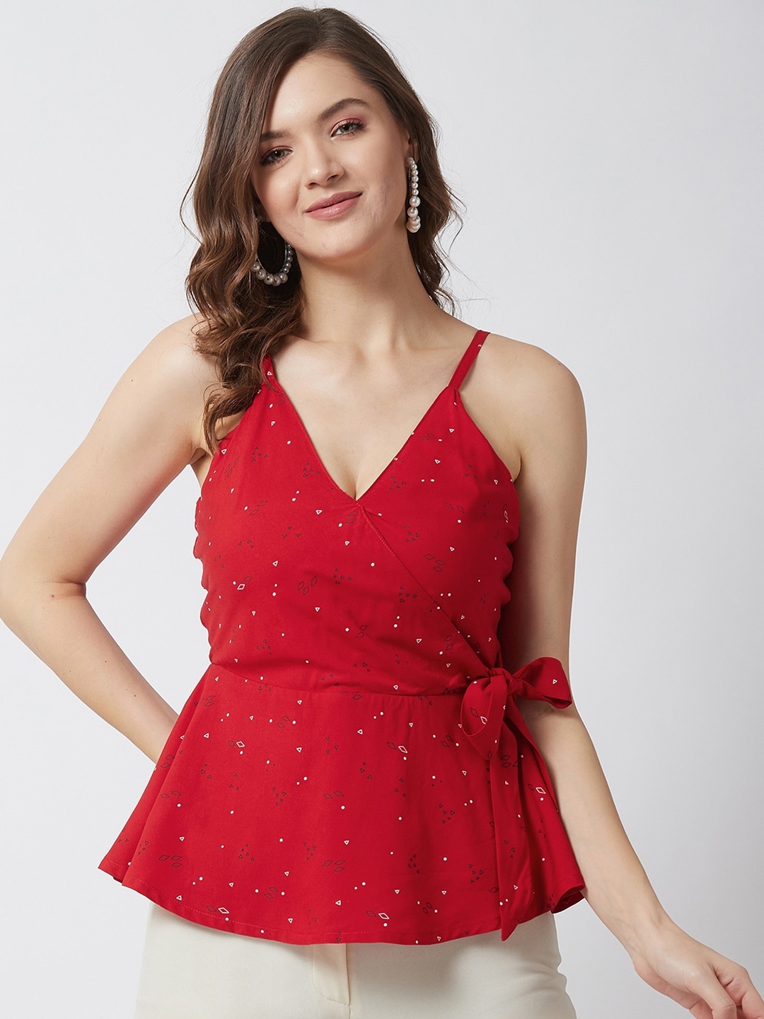 

MAGRE Red Geometric Printed Wrap Top