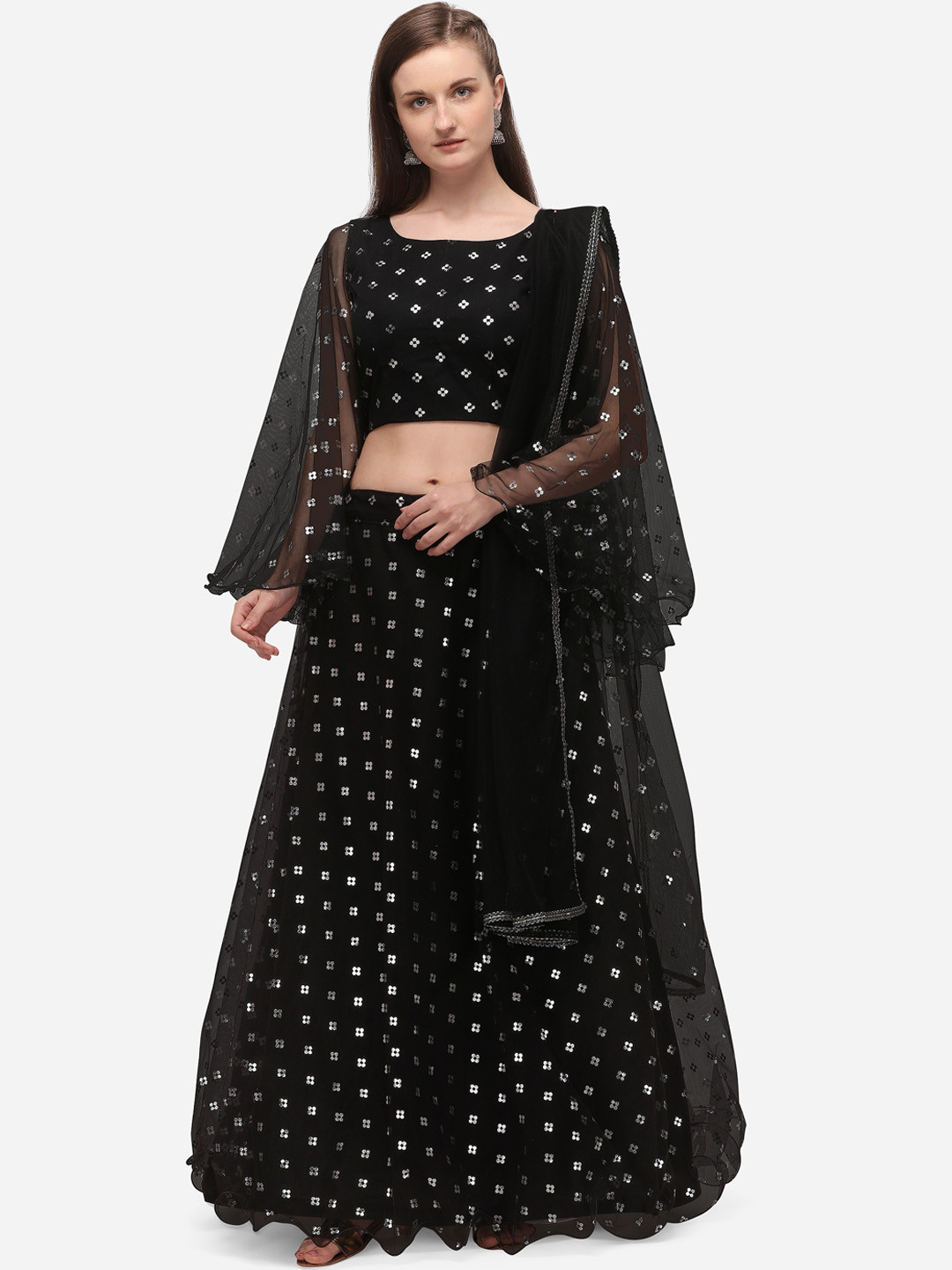 

SHUBHKALA Black & Silver-Toned Printed Semi-Stitched Lehenga & Unstitched Blouse with Dupatta