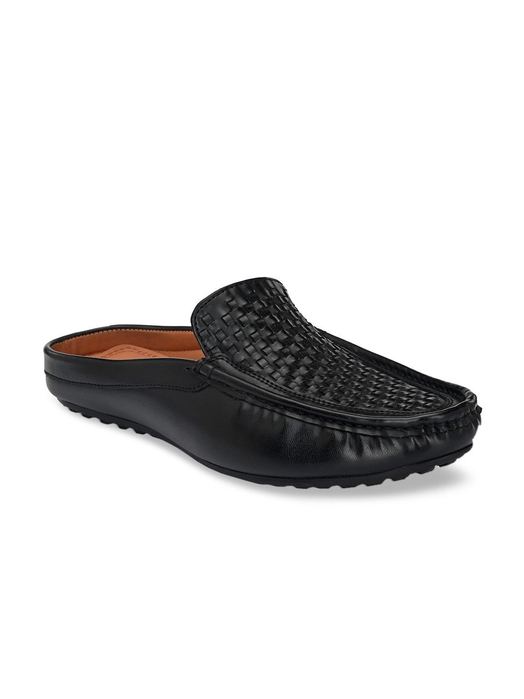 

San Frissco Men Black Woven Design Leather Mules