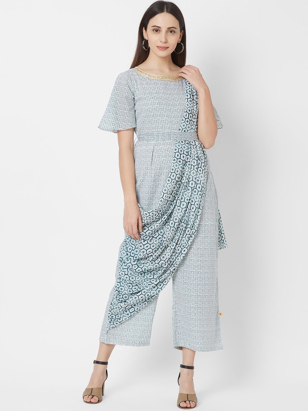 

Vedic Women Teal & White Printed Draped Basic Jumpsuit