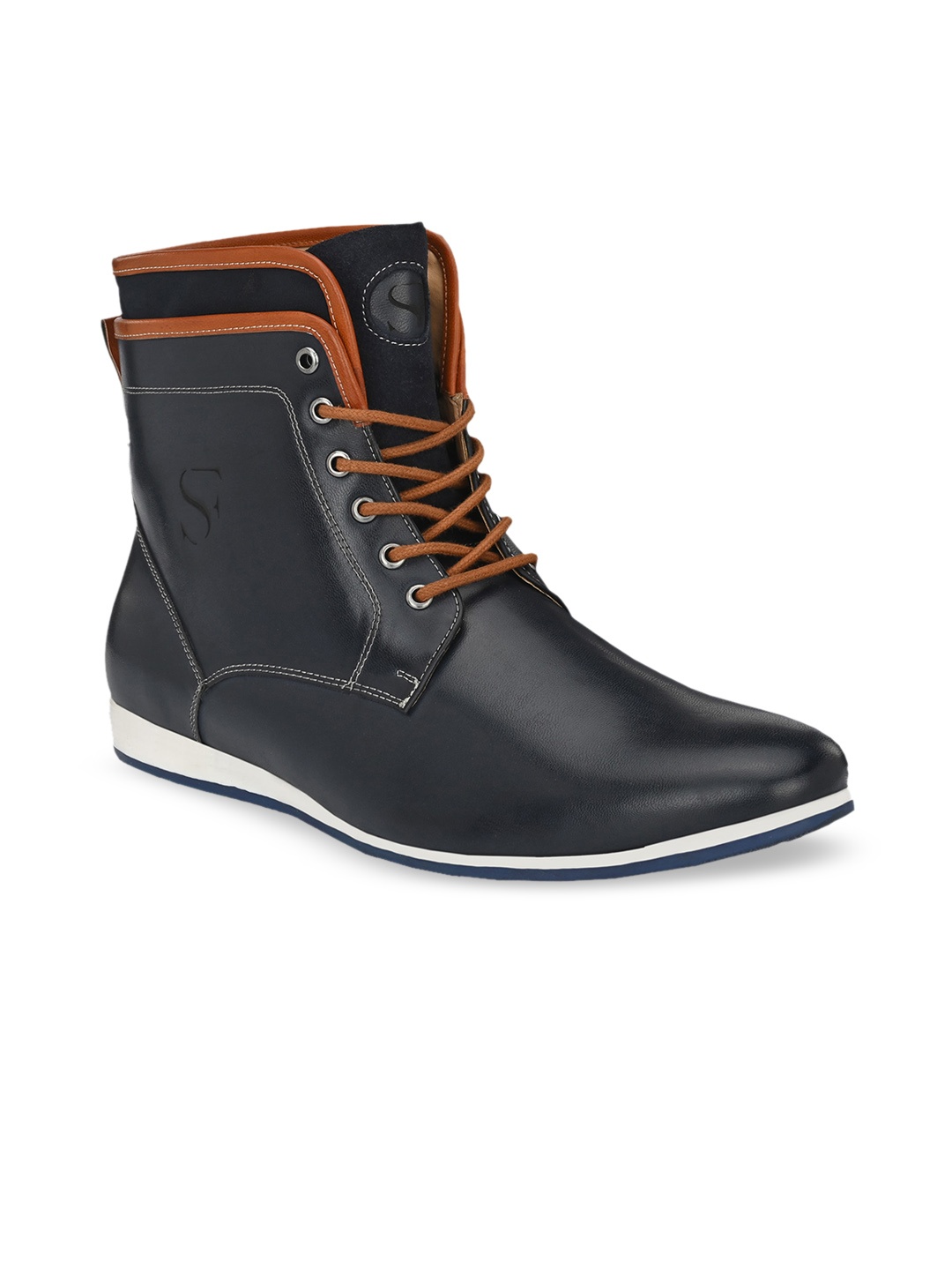 

San Frissco Men Navy Blue Leather High-top Flat Boots