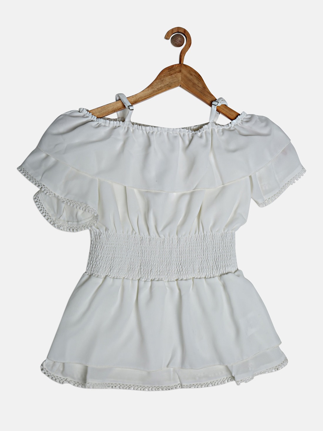 

Peppermint Off White Flared Sleeves Lace Cinched Waist Top