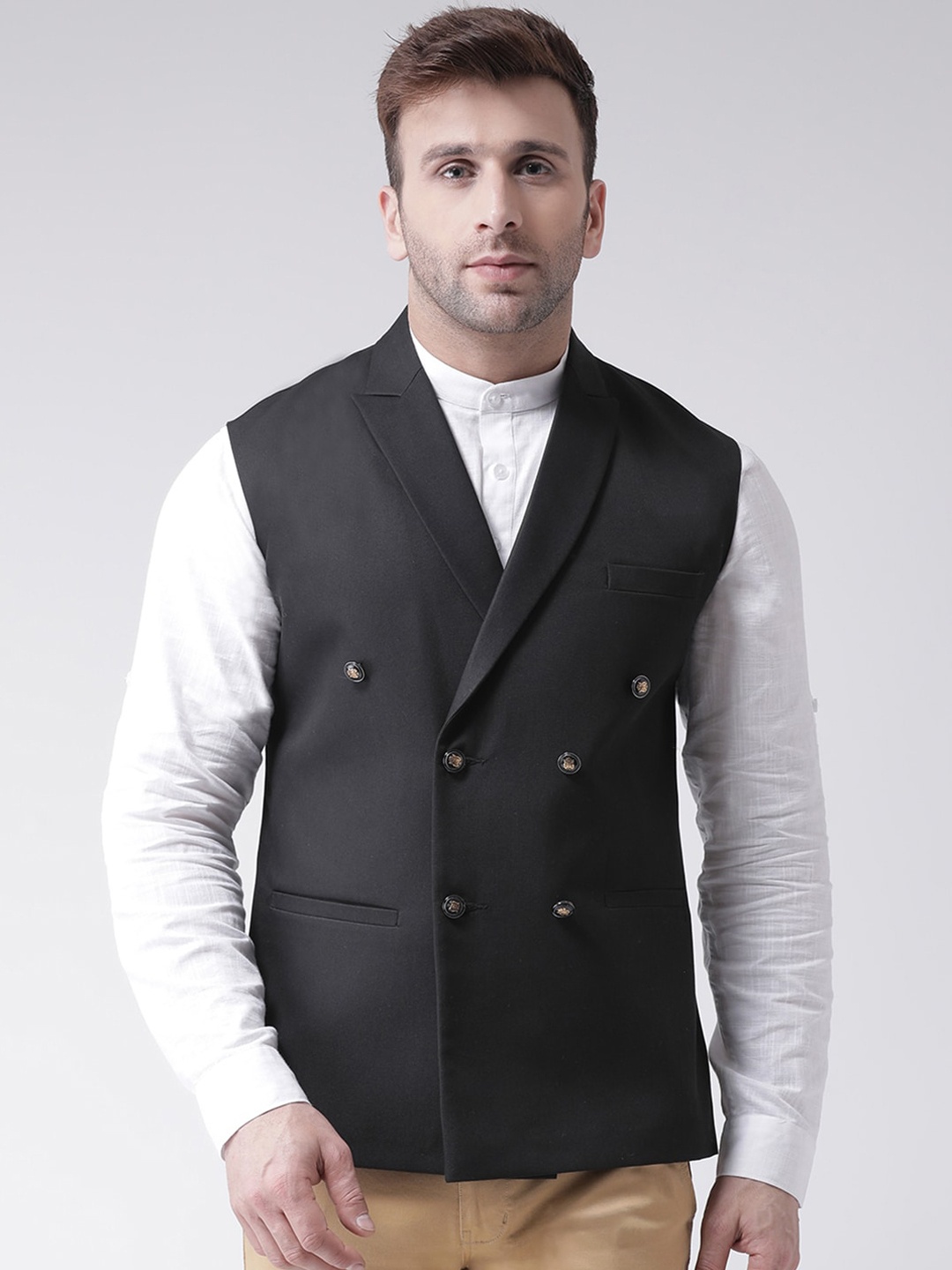 Hangup Men Black Solid Woven Nehru jacket