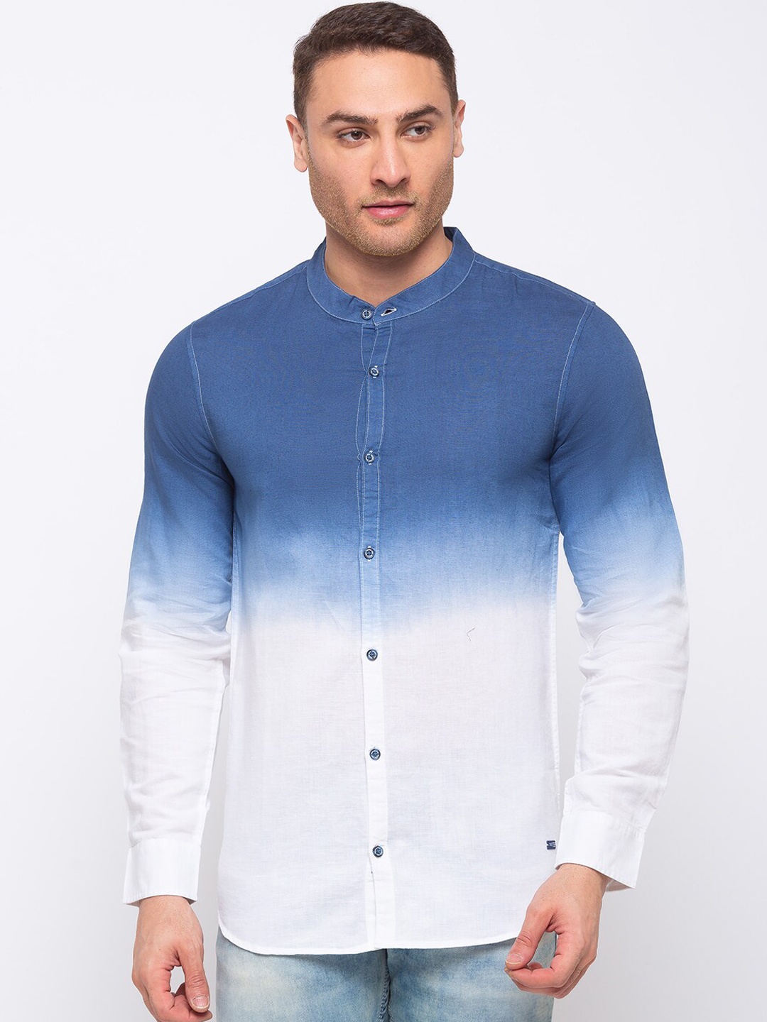 Status Quo Men Blue & White Slim Fit Colourblocked Casual Shirt