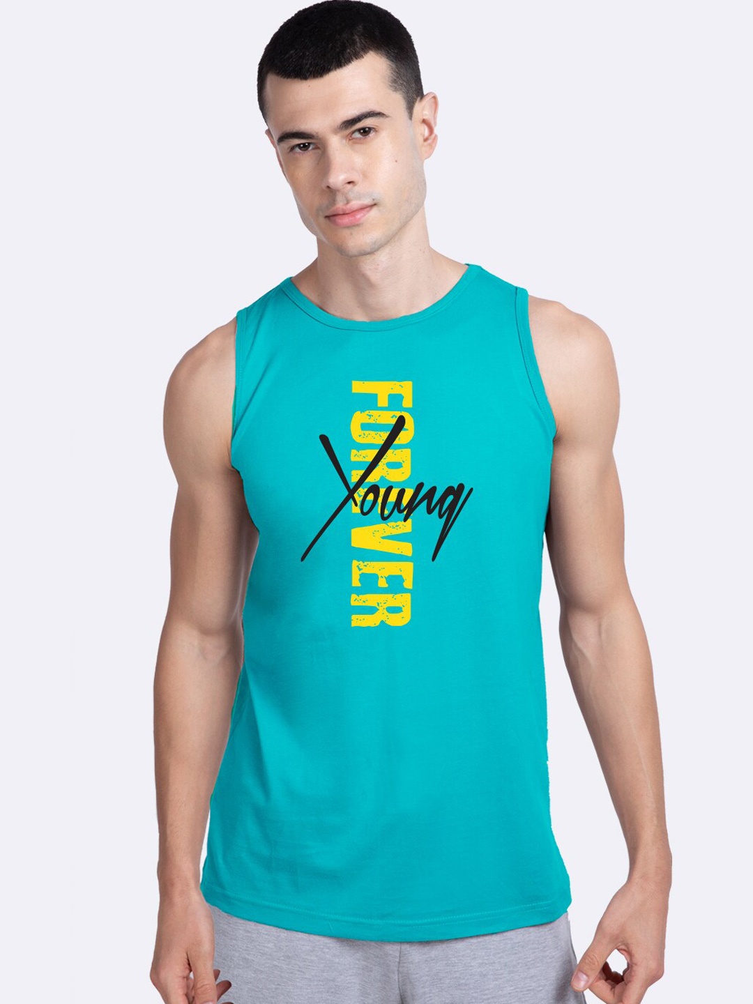 

Bewakoof Men Turquoise Blue & Yellow Young Forever Printed Innerwear Vest