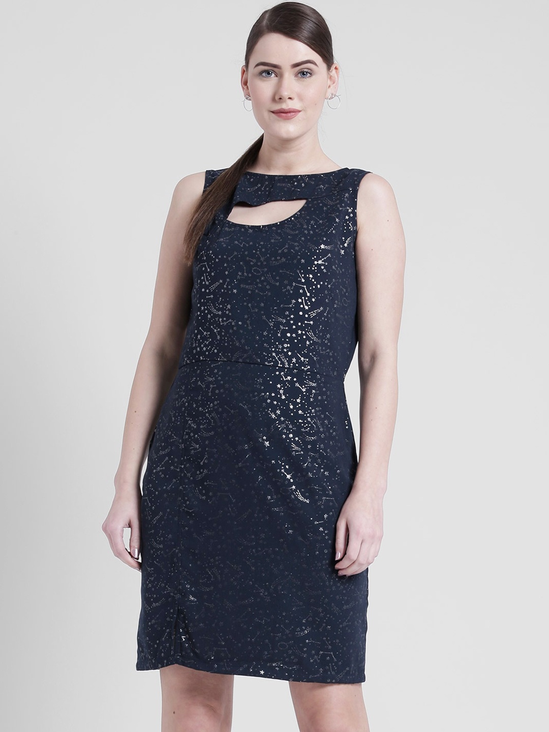 

Yaadleen Women Navy Blue & Silver-Coloured Printed Sheath Dress