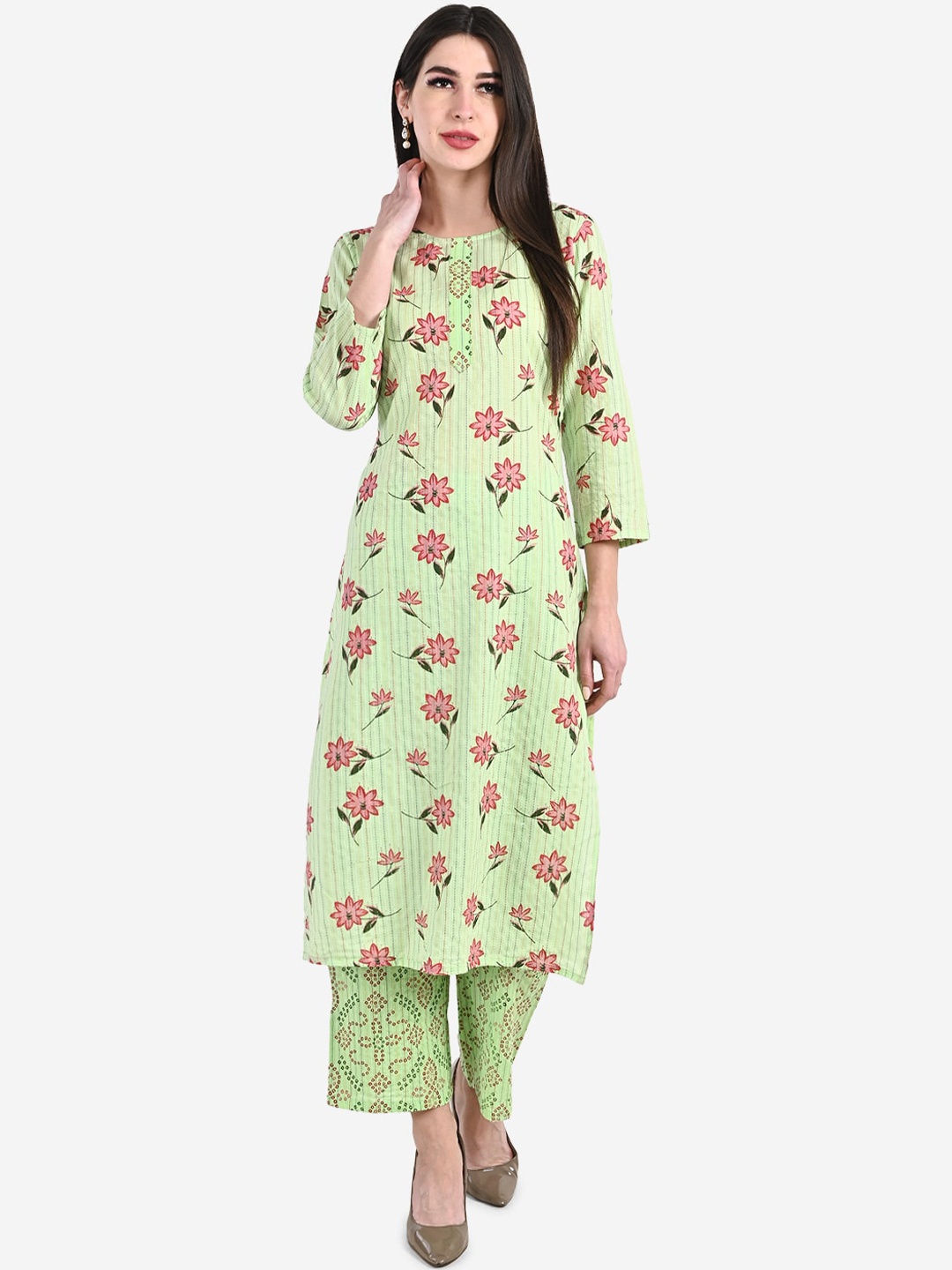 

Be Indi Women Floral Print Thread Work Straight Kurta with Palazzos, Green