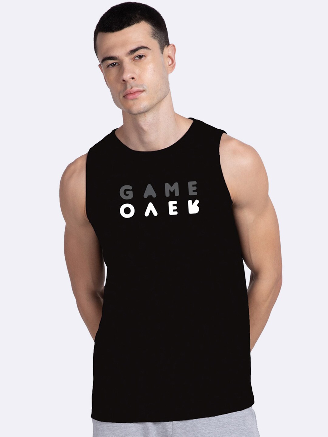 Bewakoof Men Black & Grey Game Over Minimal Printed Innerwear Vest
