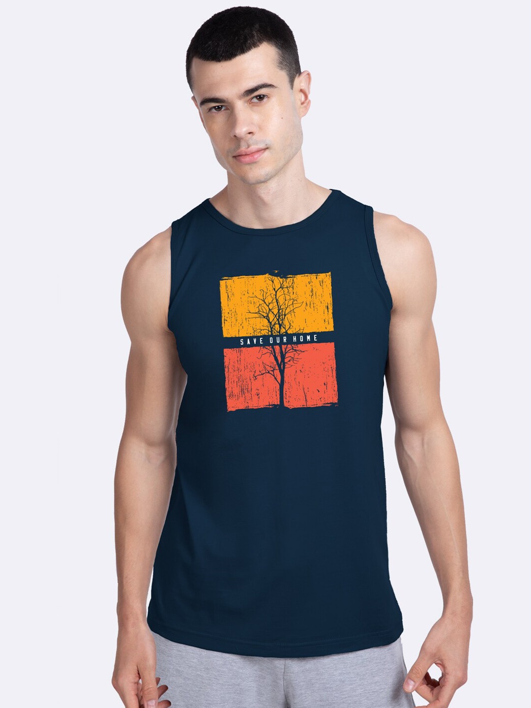 

Bewakoof Men Navy Blue & Yellow Printed Innerwear Vest