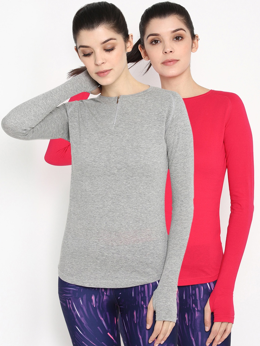 appulse Women Grey & Pink Set of 2 Solid Round Neck Tshirt
