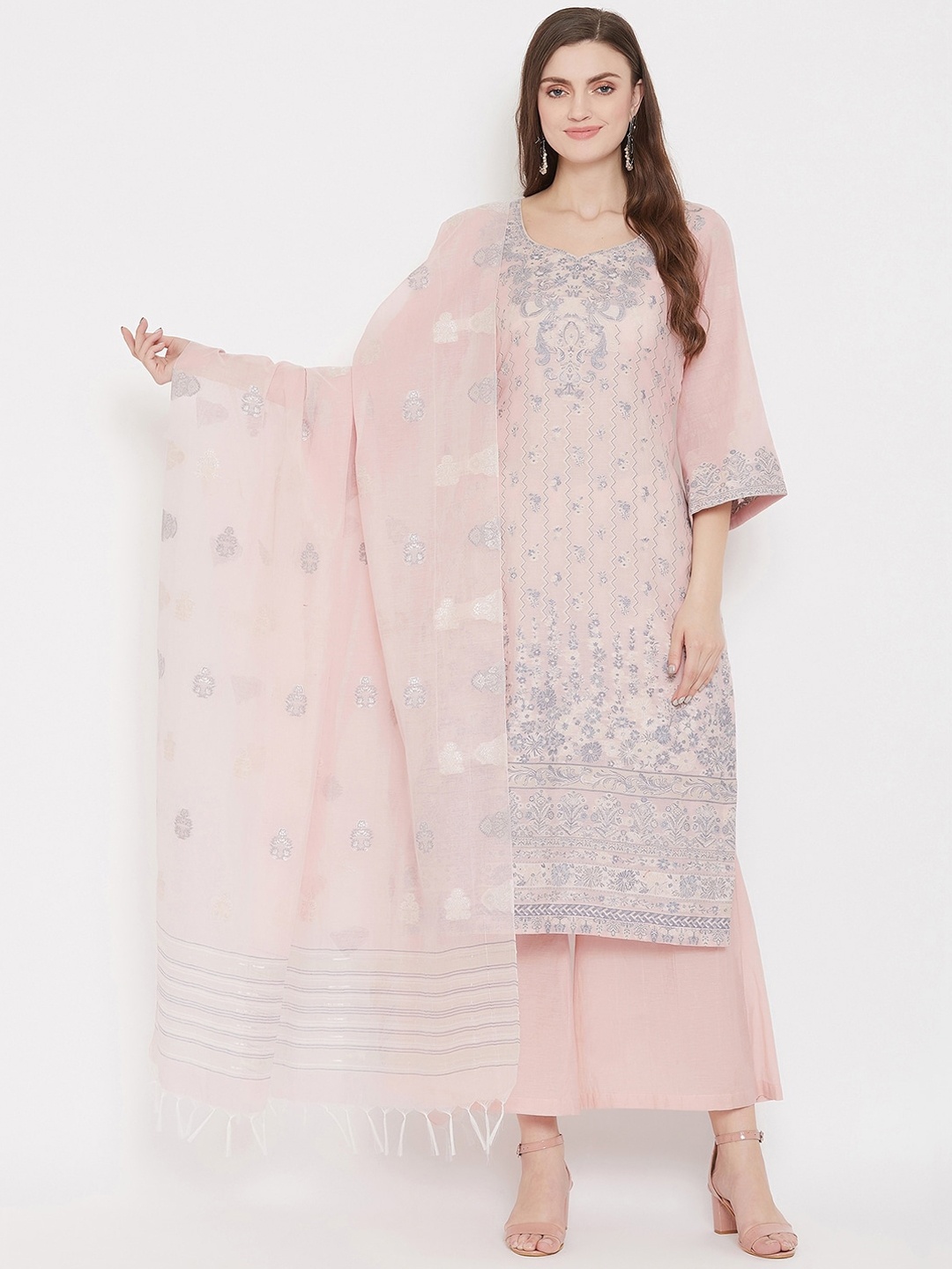 

Safaa Peach-Coloured & Blue Cotton Blend Woven Design Unstitched Dress Material For Summer