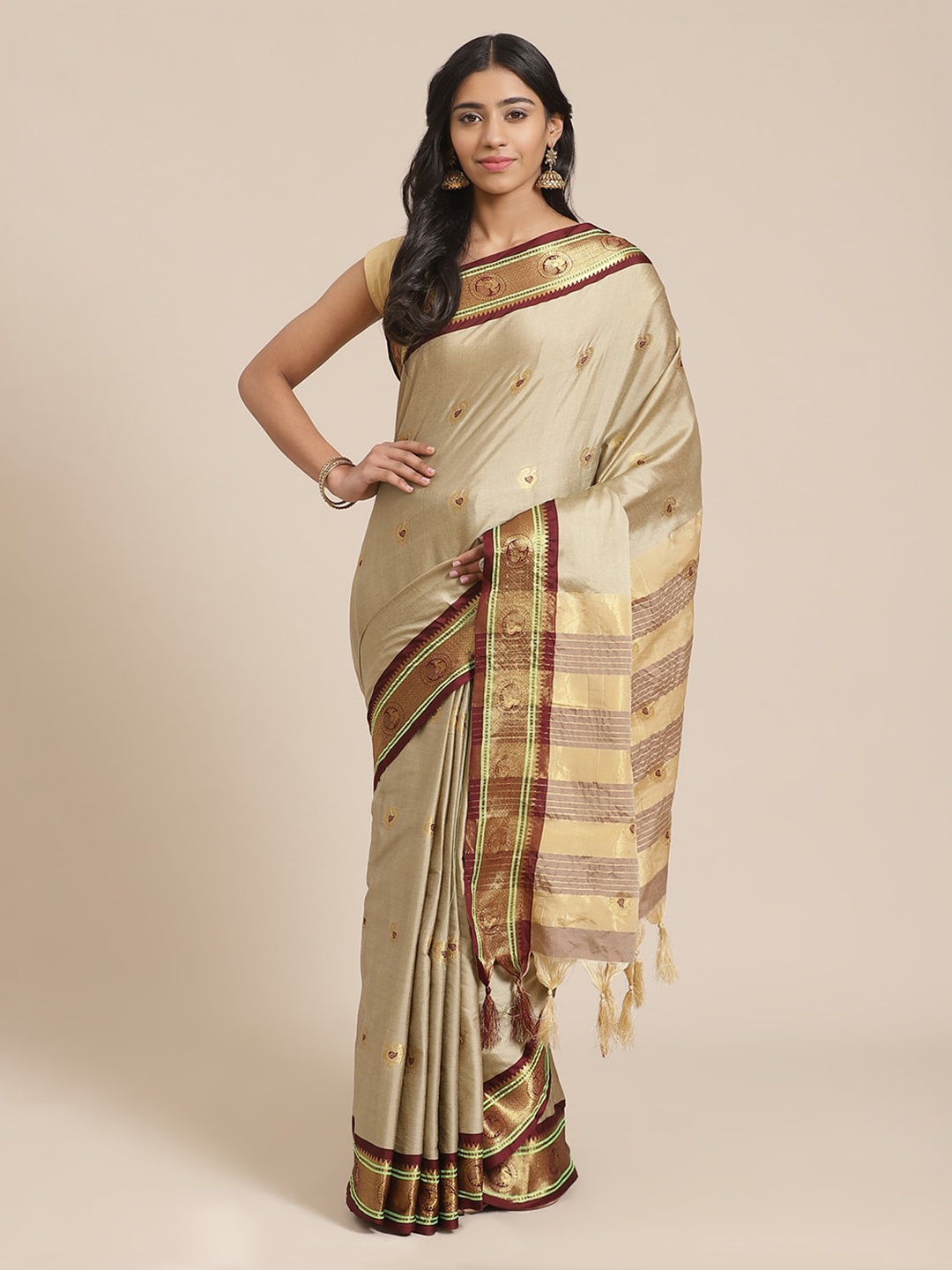 

Mitera Camel Brown & Maroon Pure Silk Woven Design Banarasi Saree