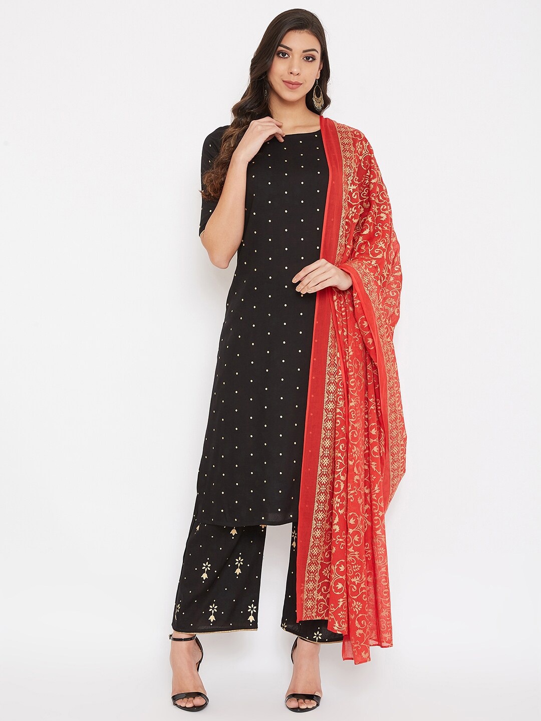 Prakhya Women Black & Gold-Toned Printed Kurta with Churidar & Dupatta