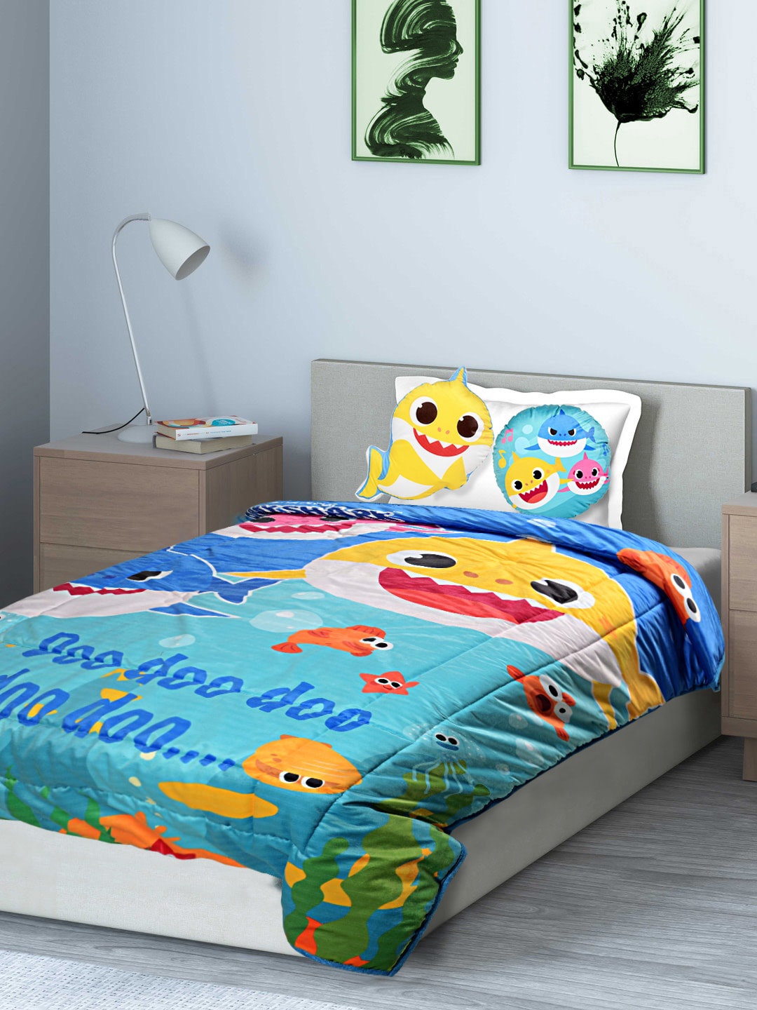 

Saral Home Blue & Yellow Baby Shark Printed AC Room 210 GSM Velvet Single Bed Quilt