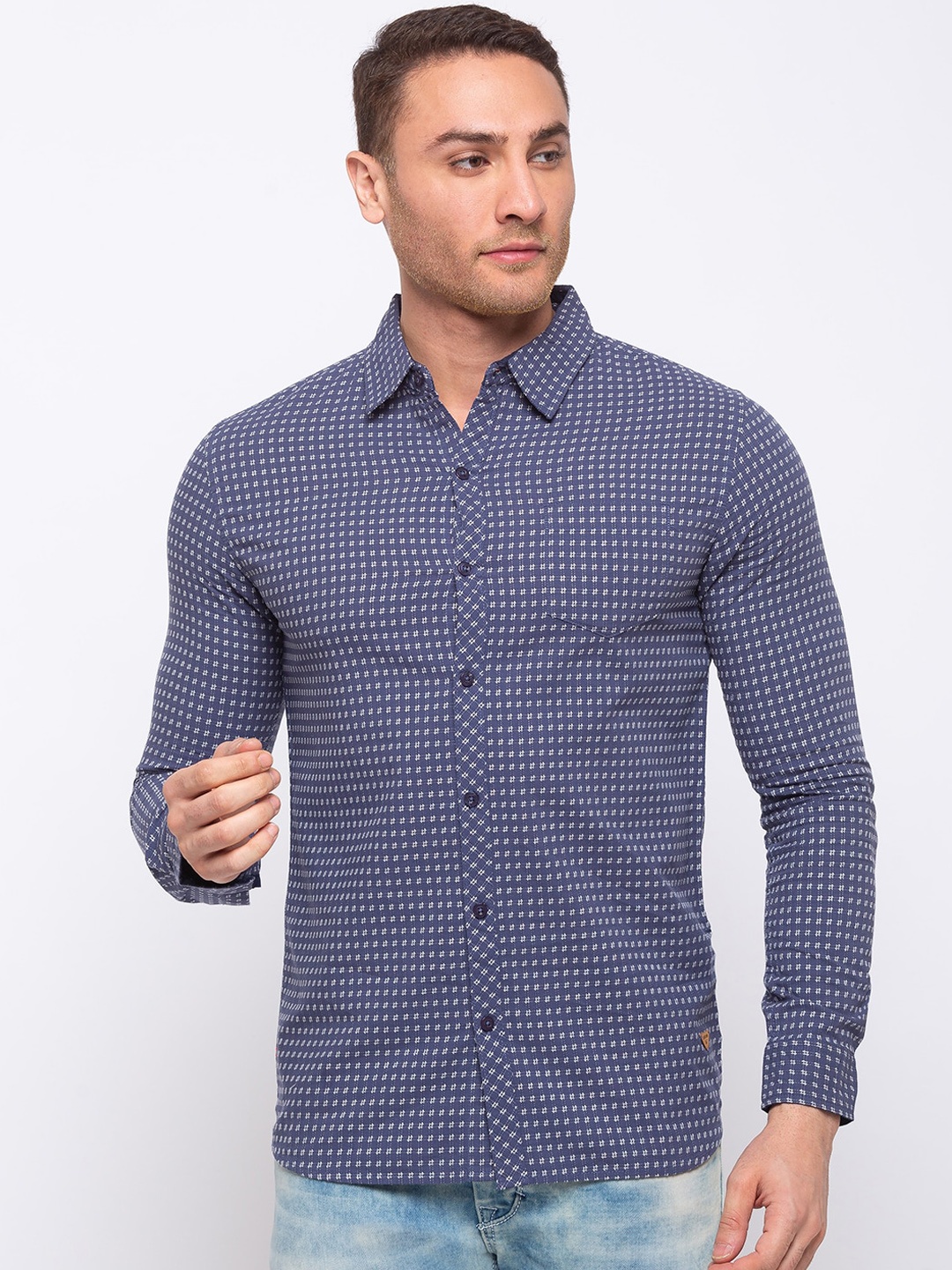 

Status Quo Men Navy Blue Slim Fit Checked Casual Shirt