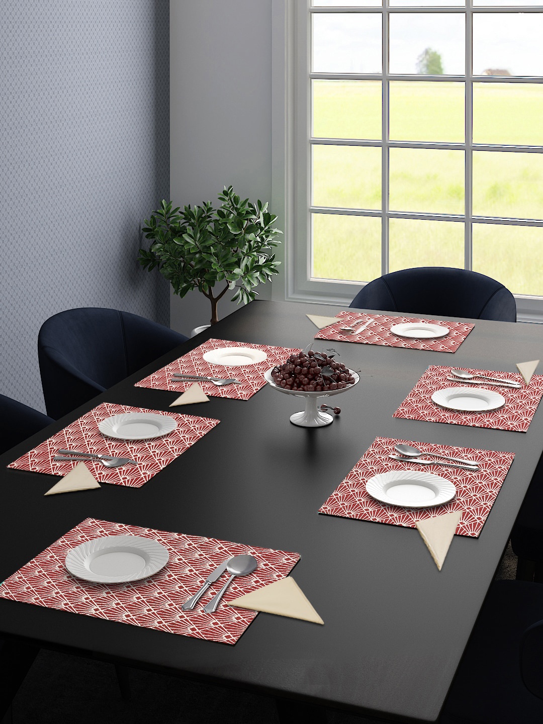 Saral Home Set Of 6 Red & White Geometric Woven-Design Rectangular Table Placemats