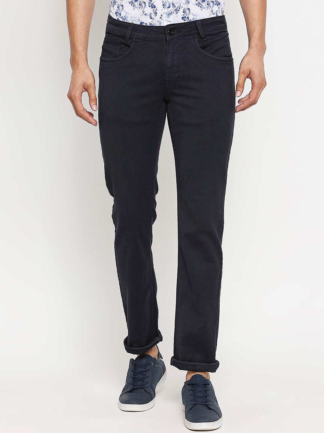

Mufti Men Navy Blue Skinny Fit Solid Regular Trousers