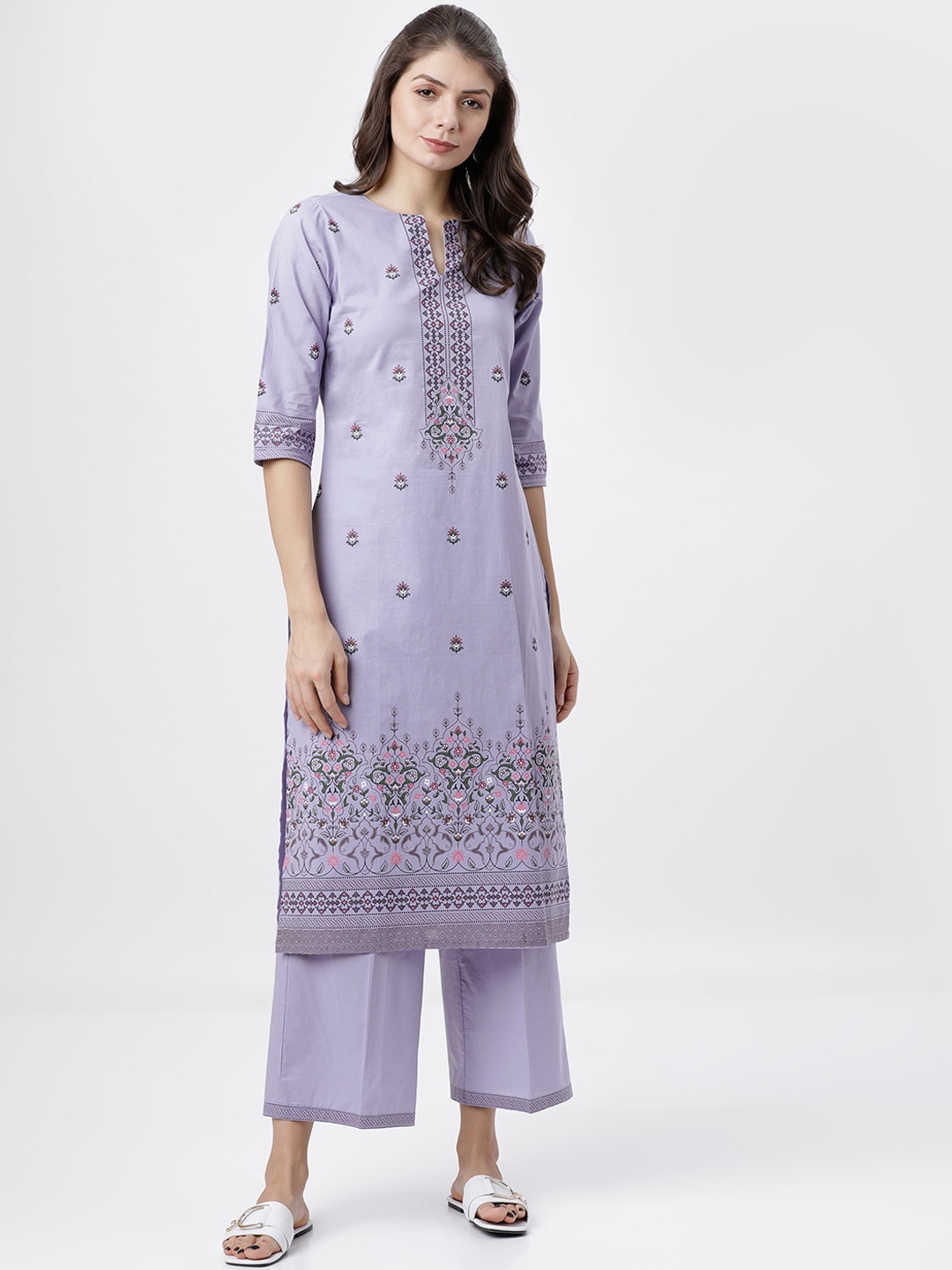 

Vishudh Women Lavender & Green Floral Printed Thread Work Kurta