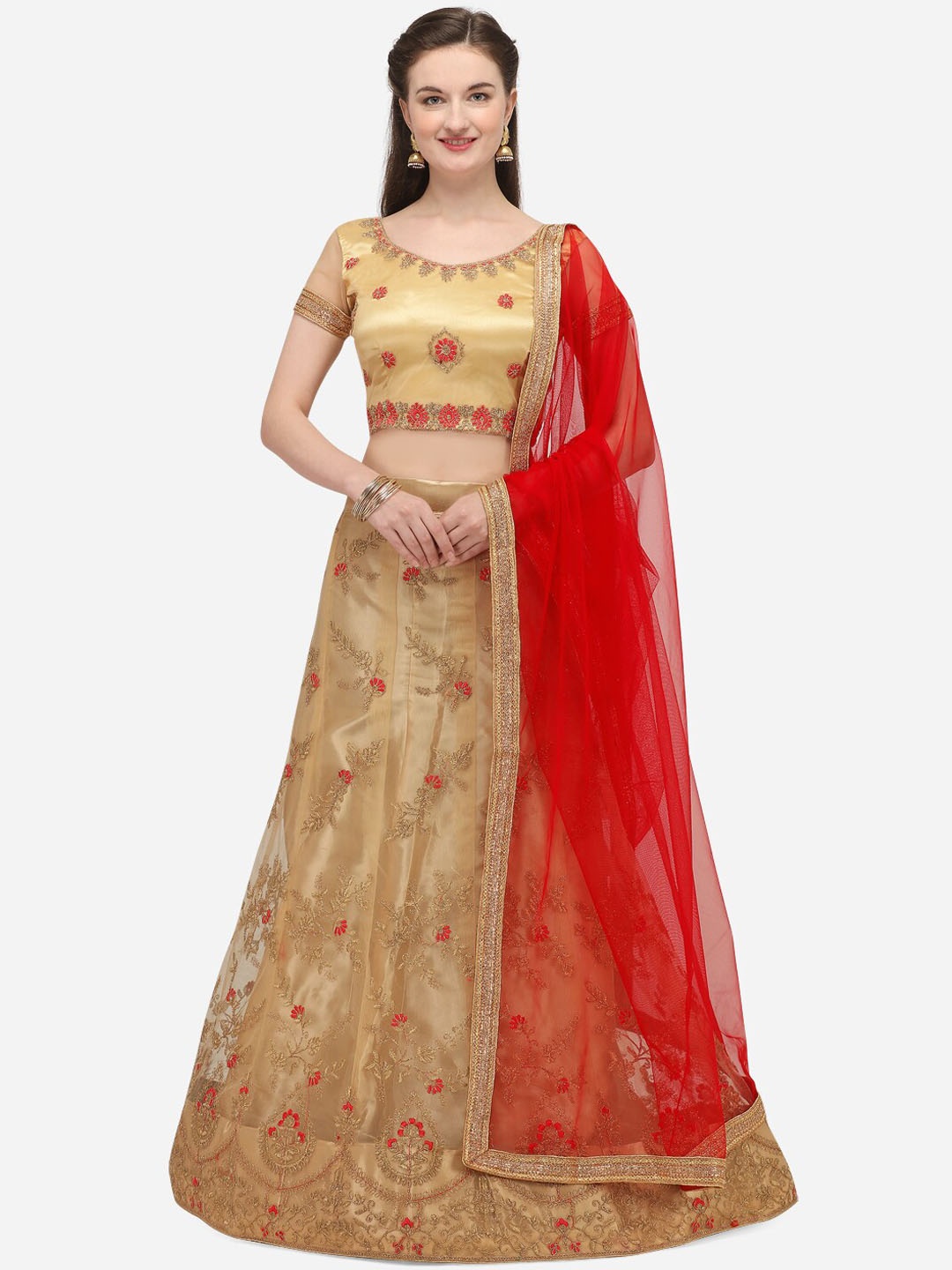 

Netram Beige & Red Embroidered Semi-Stitched Lehenga & Unstitched Blouse with Dupatta