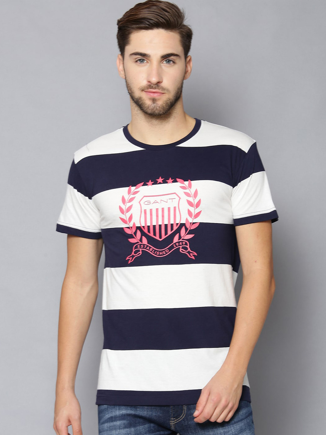

GANT Men Blue Striped Round Neck T-shirt