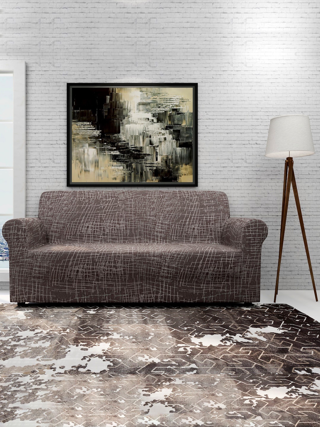 Cortina Brown & Beige Printed 2-Seater Super-Stretchable Non-Slip Sofa Slipcover