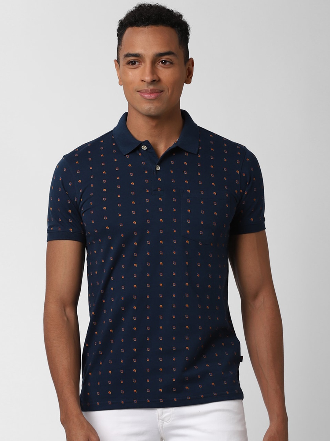 

Peter England Casuals Men Navy Blue & Orange Printed Polo Collar T-shirt