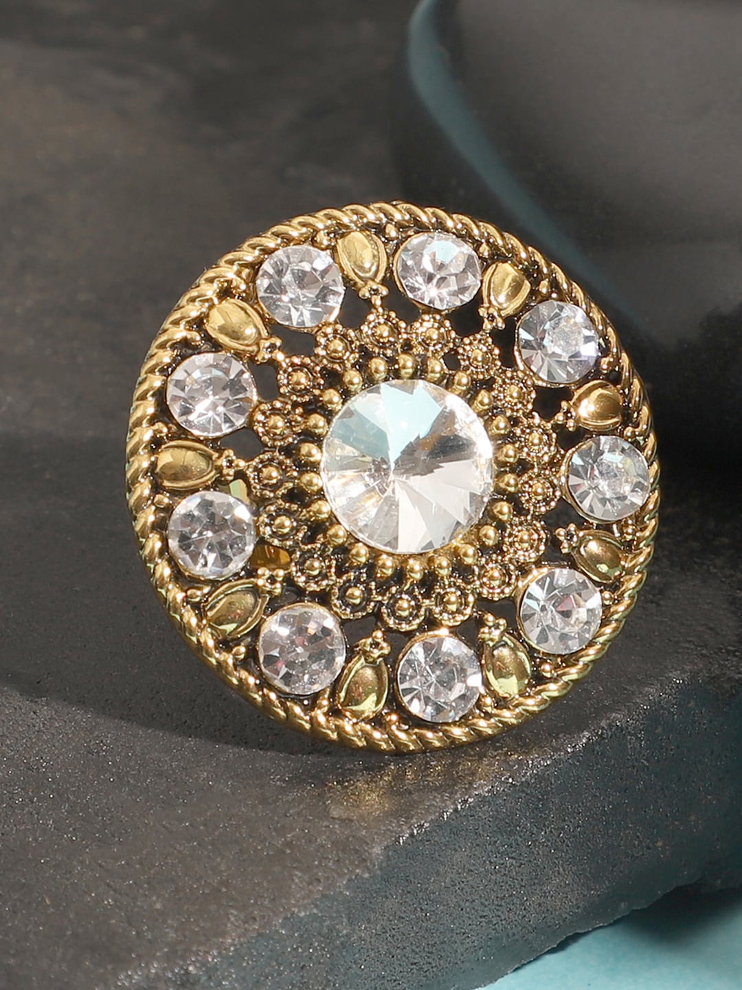 

ANIKAS CREATION Gold-Plated White Stone-Studded Adjustable Finger Ring