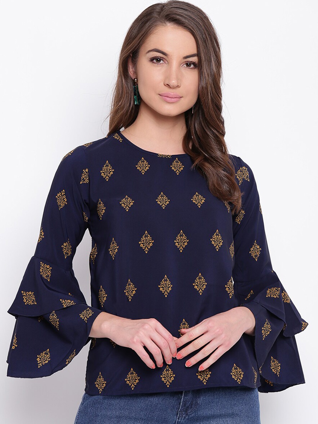

Mayra Navy Blue Printed Bell Sleeves A-line Top