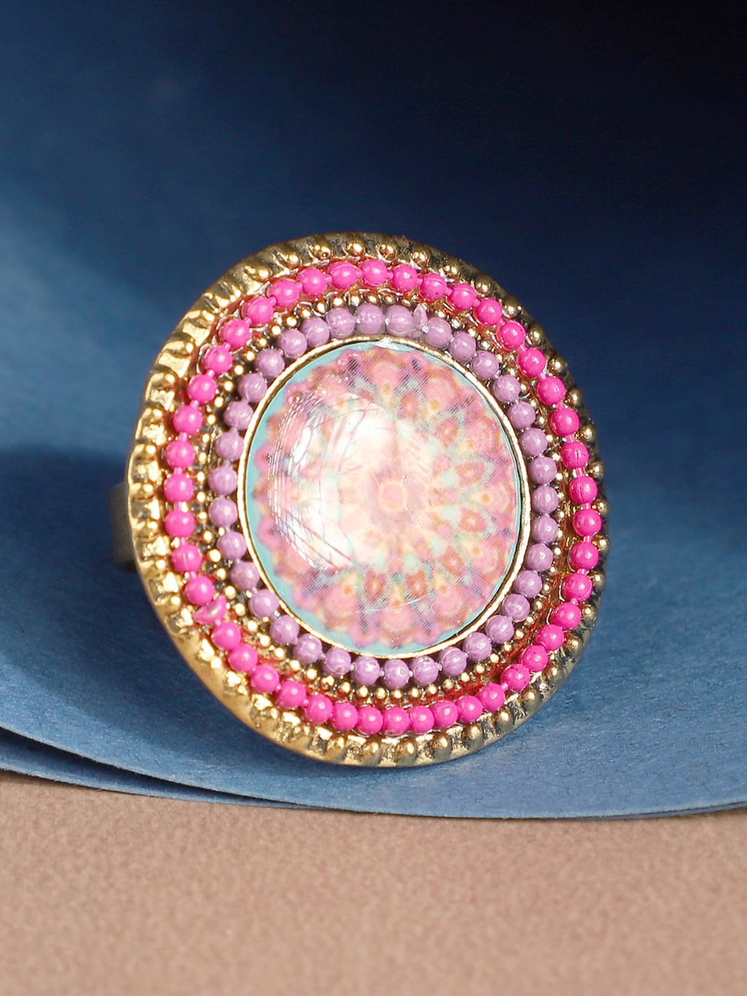 

ANIKAS CREATION Gold-Plated Pink Beaded Enamelled Adjustable Finger Ring