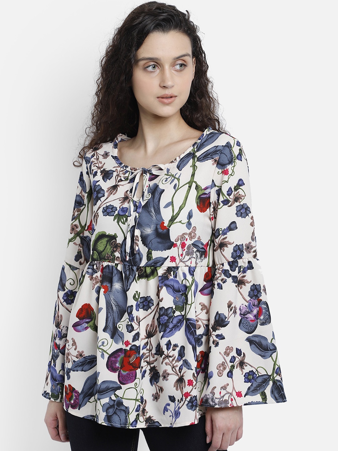 

Marzeni Women White & Blue Floral Printed Tie-up Neck Flared Sleeves Georgette Regular Top