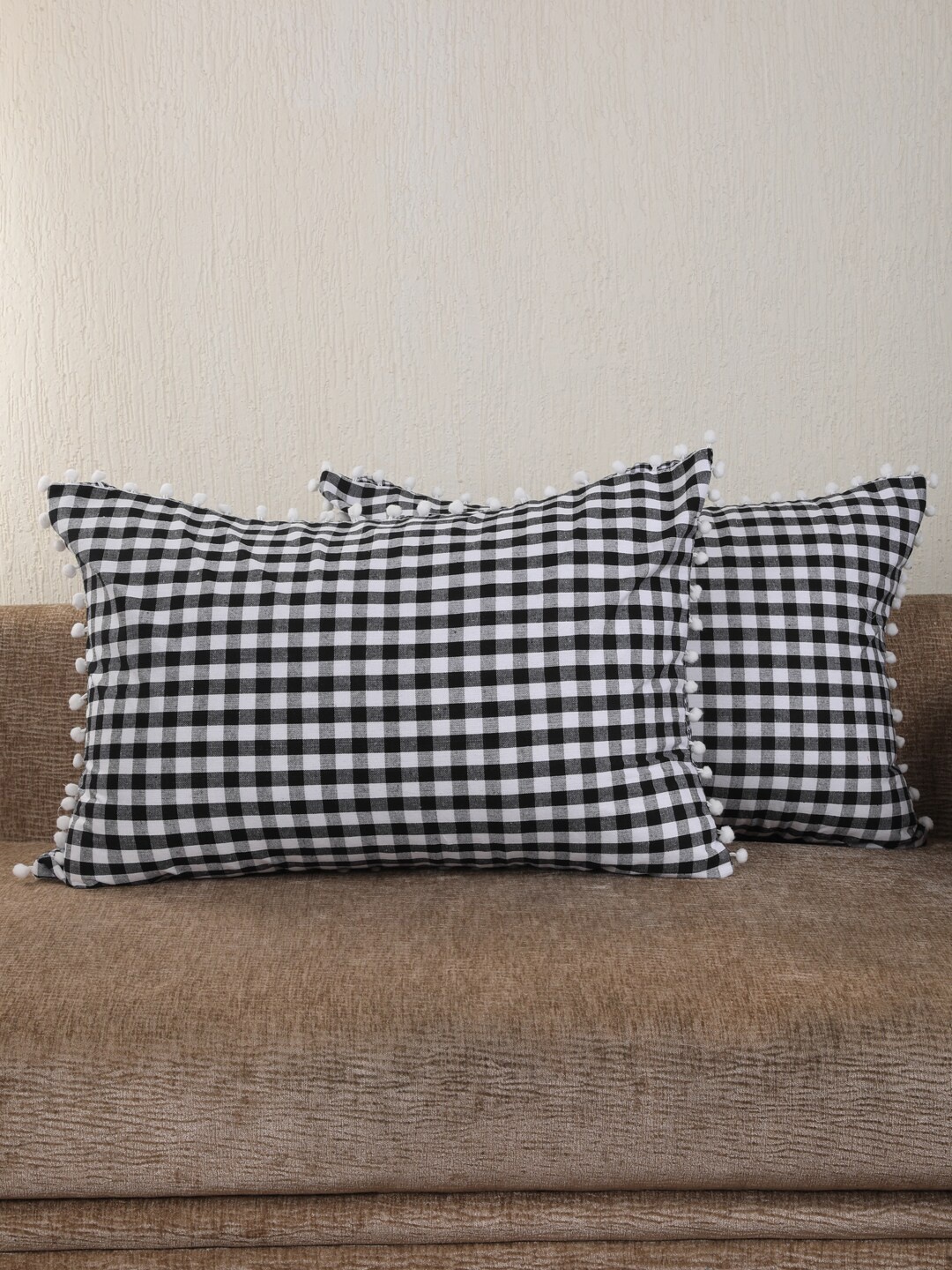 

My Gift Booth Set Of 2 Black & Off-White Checked Pom-Pom Pillow Covers