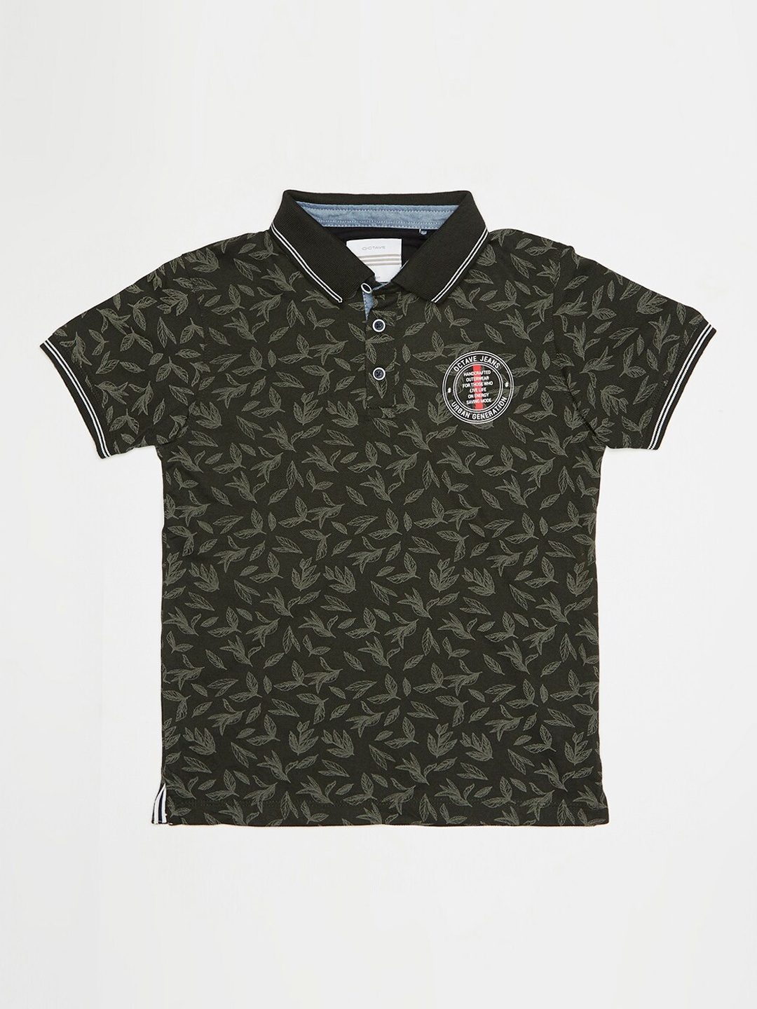 

Octave Boys Olive Green Floral Print Polo Collar Tshirt
