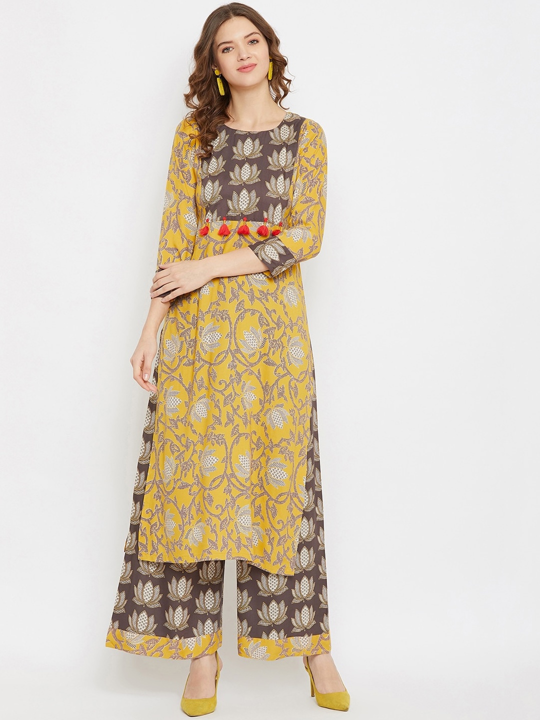 

Tissu Women Mustard Yellow & Brown Printed Kurta with Palazzos
