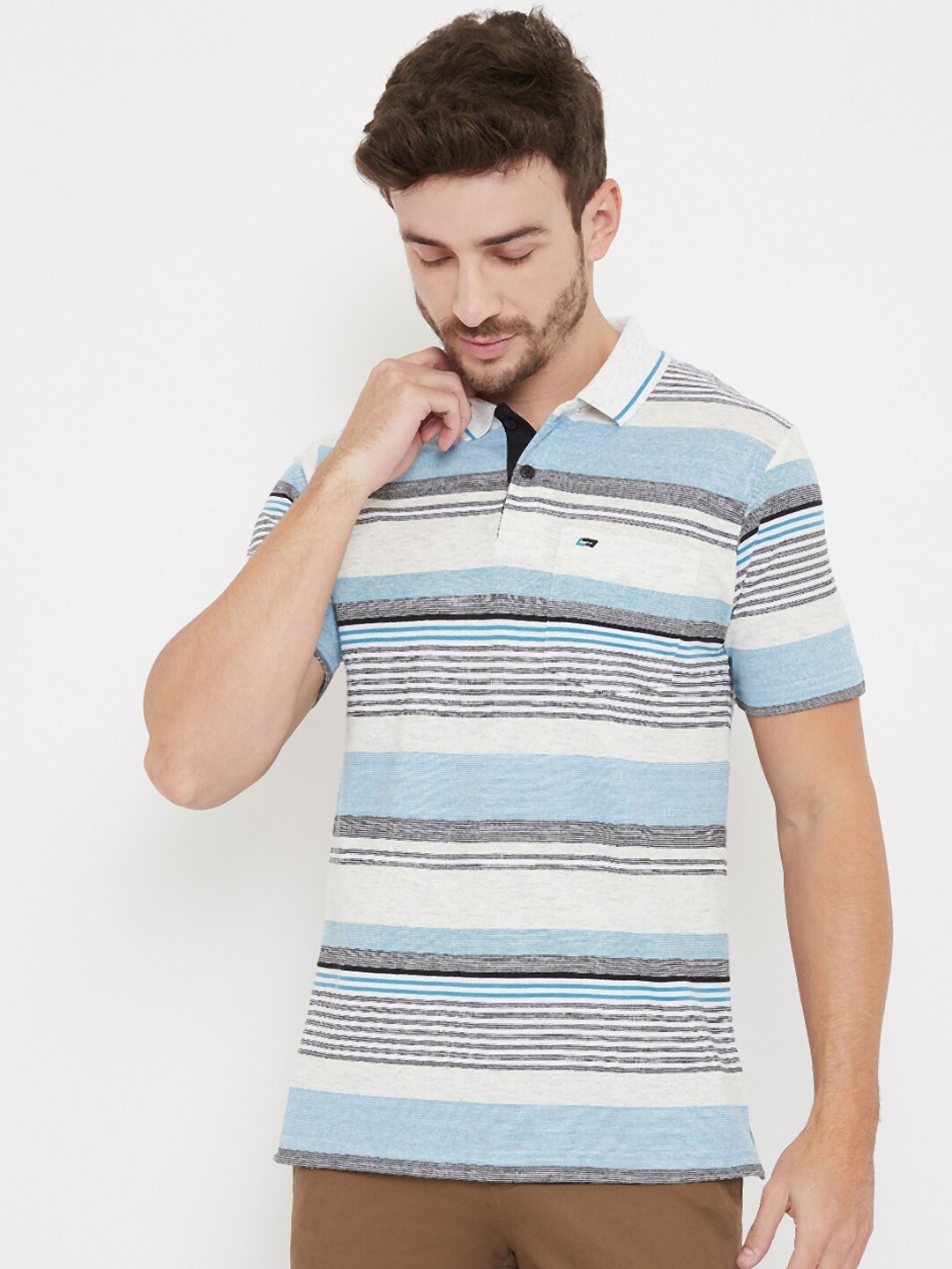 

NEVA Men White & Blue Striped Polo Collar T-shirt