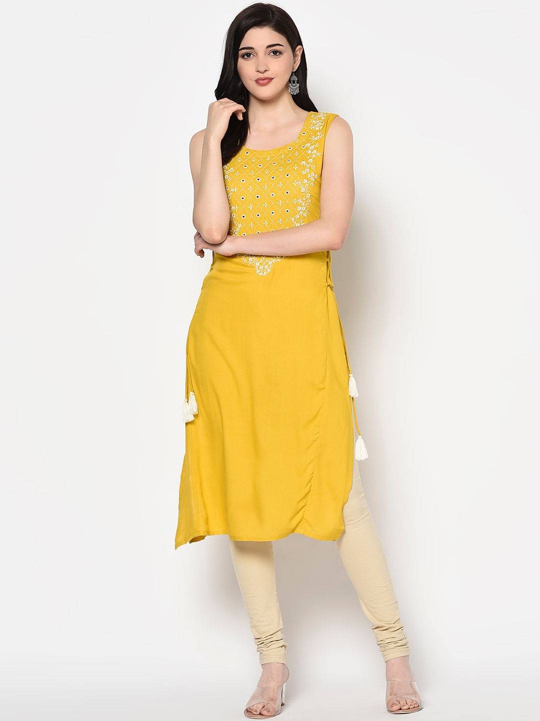 

Gulmohar Jaipur Women Mustard Yoke Design Thread Work Kurta