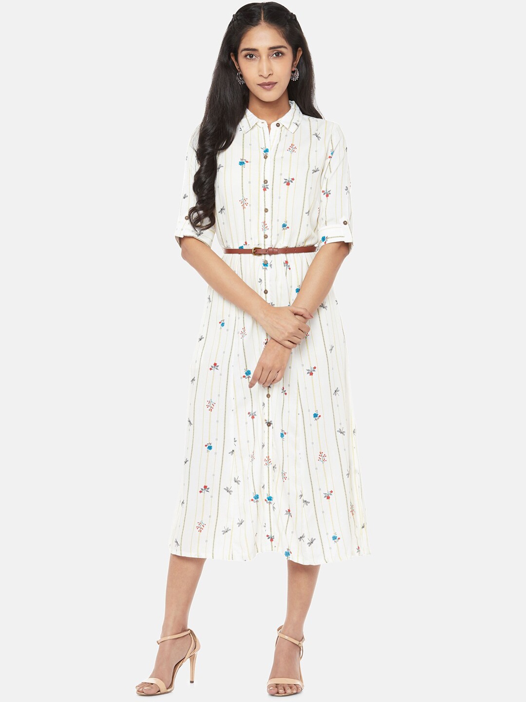 

AKKRITI BY PANTALOONS Women Off-White Striped Shirt Dress