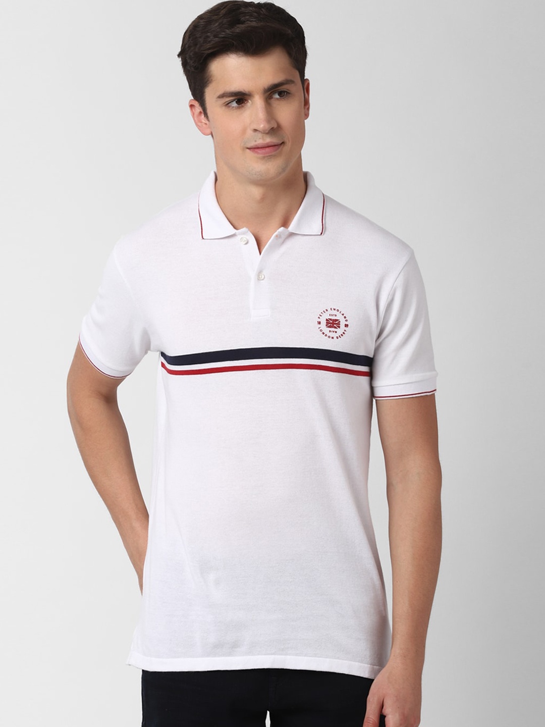 

Peter England Casuals Men White & Navy Blue Striped Polo Collar T-shirt