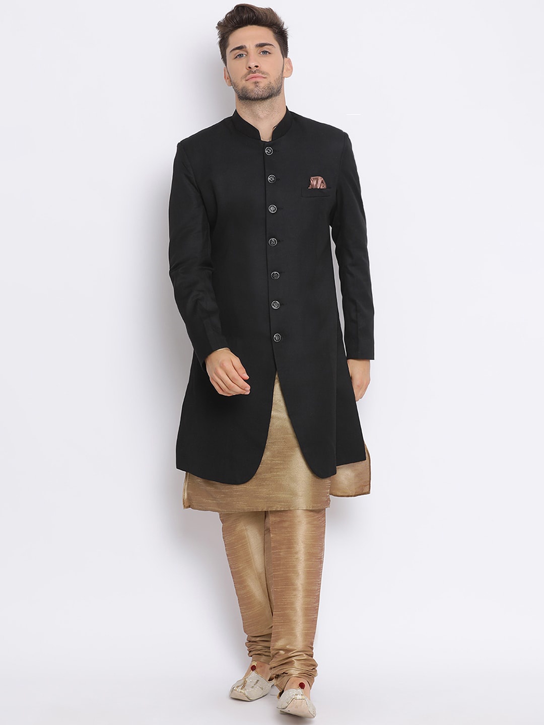 

Hangup Men Black & Gold-Color Solid Sherwani Set