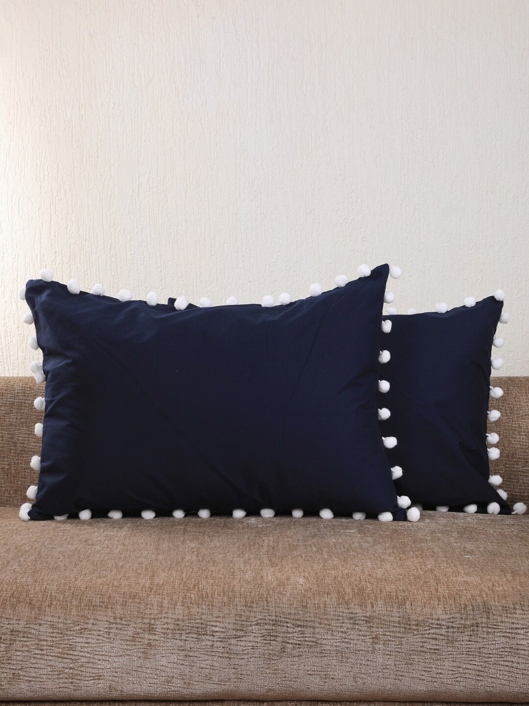 

My Gift Booth Set Of 2 Navy Blue Solid Pom-Pom Pillow Covers
