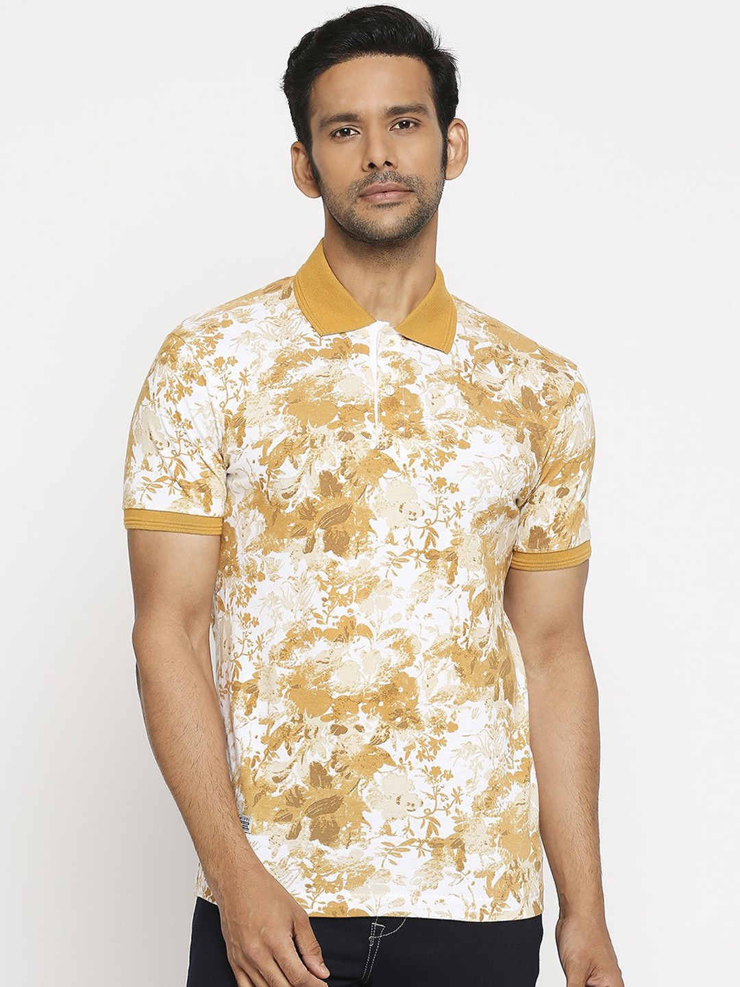 

Mufti Men Mustard Printed Polo Collar T-shirt