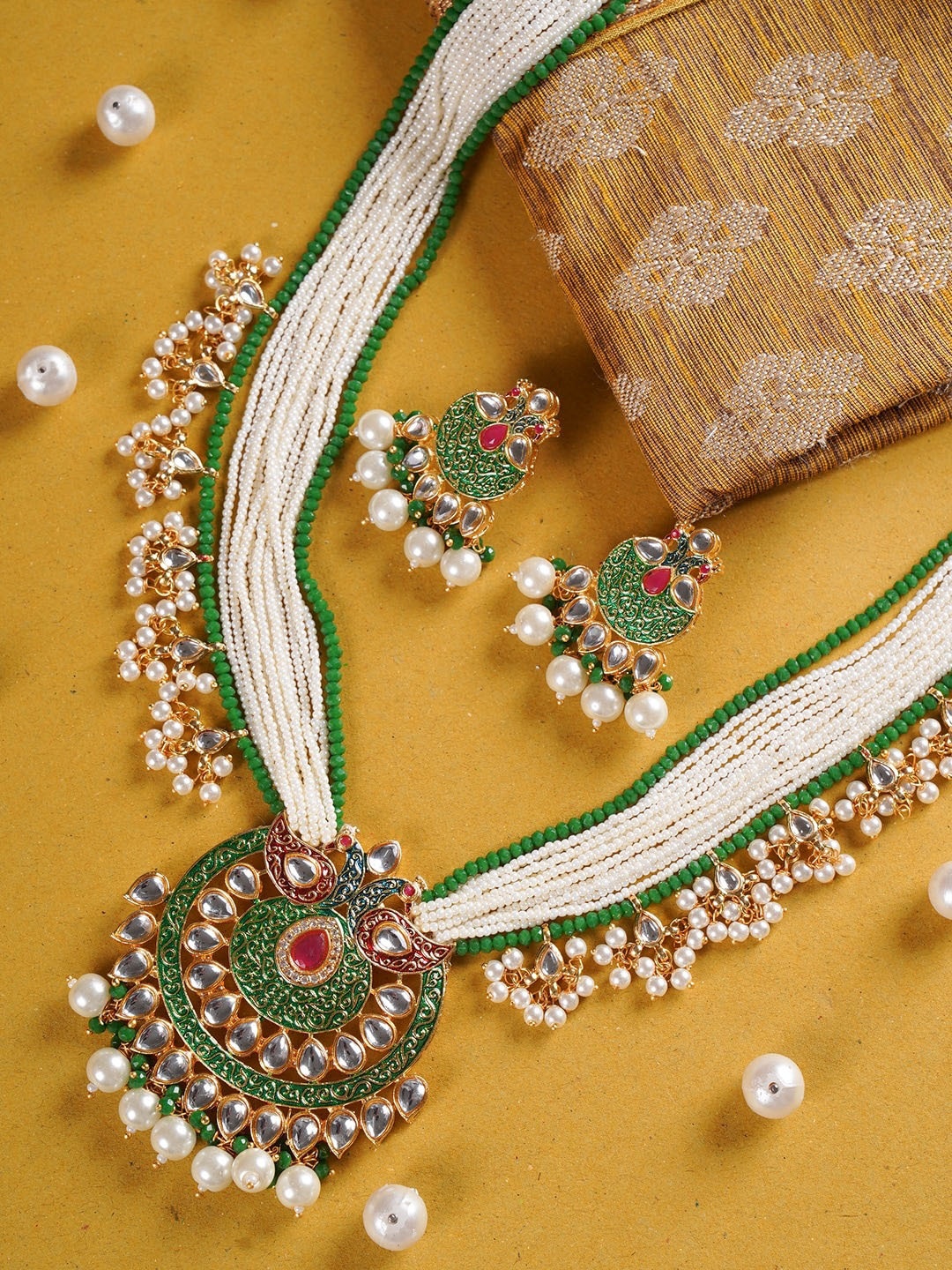 Shoshaa Gold-Plated White & Green Kundan-Studded Beaded Multistranded Handcrafted Jewellery Set