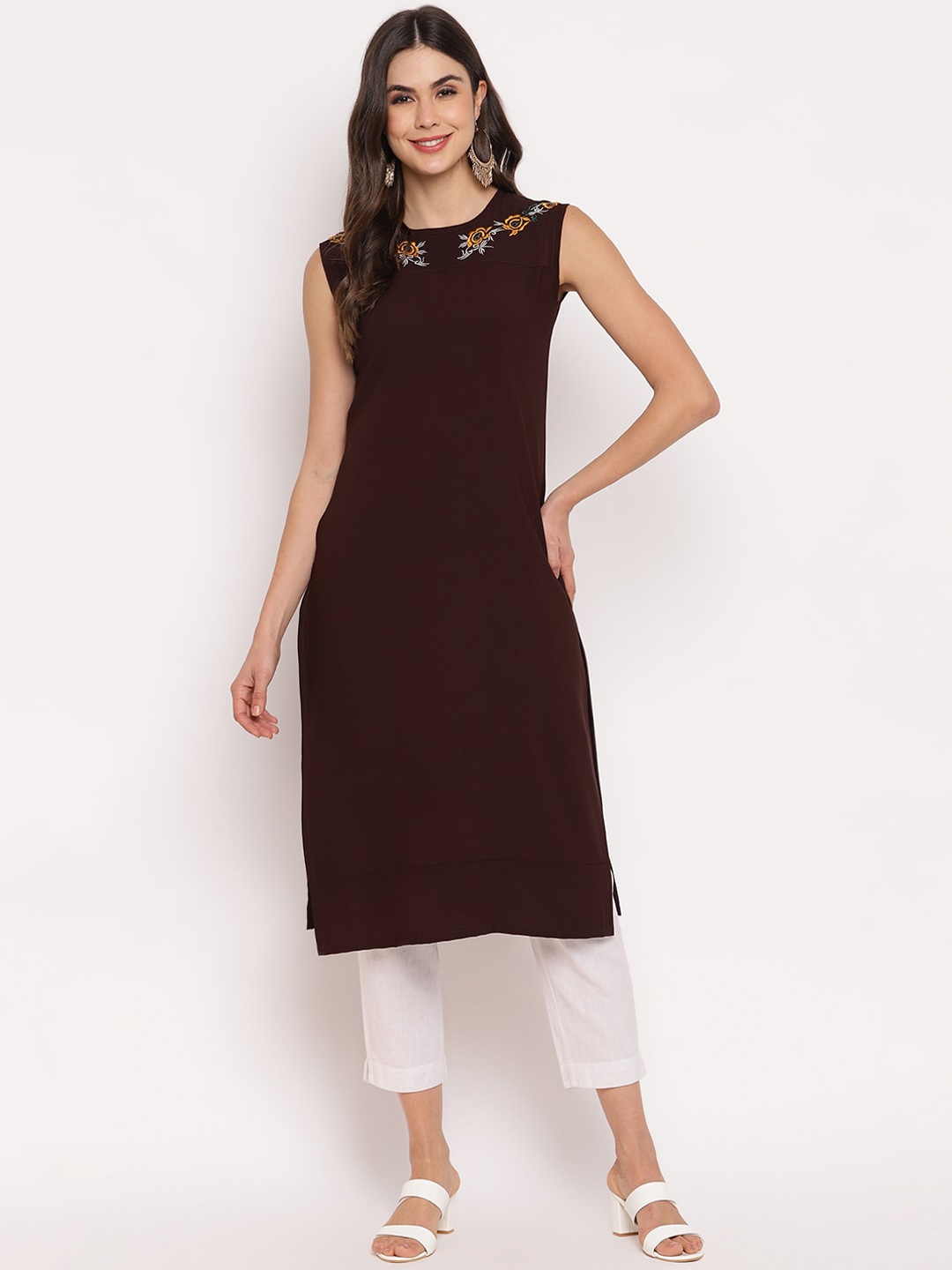 

Napra Women Brown & Yellow Floral Embroidered Thread Work Crepe Kurta